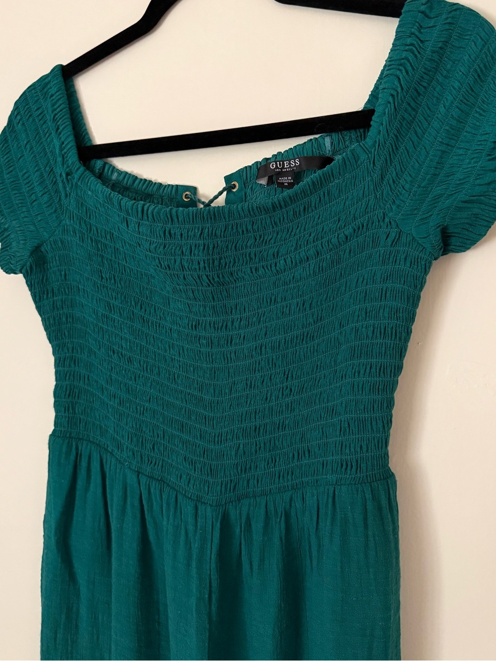 GUESS Green Smocked Off-Shoulder Romper Medium